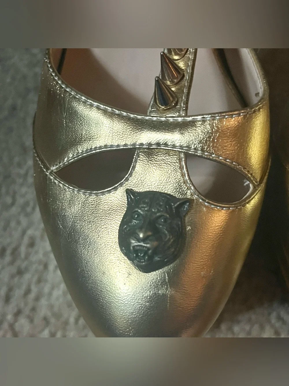 Gold metallic tiger spiked t-strap platform heels 7.5